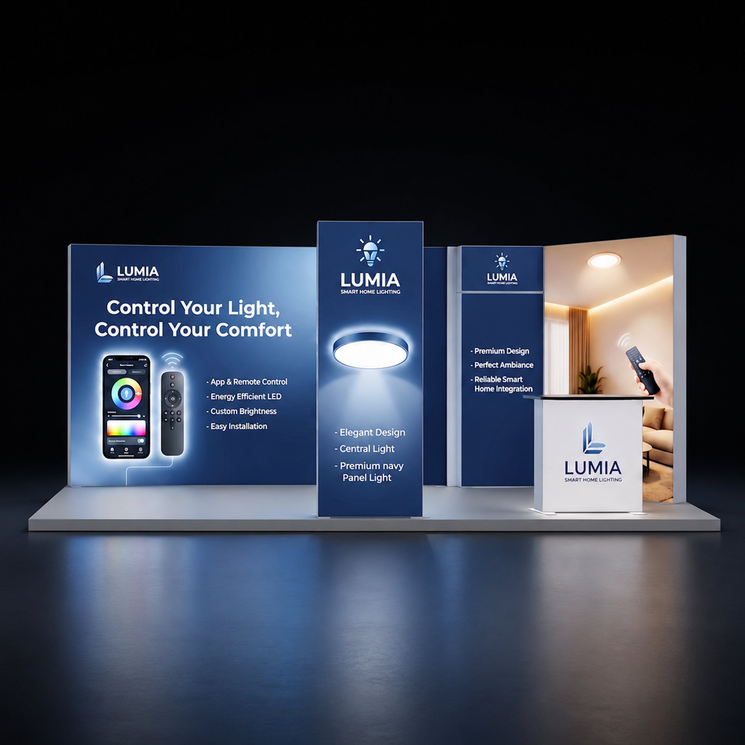 20ft Backlit Trade Show Display Premium LED Lightbox Display with Counters Branding Panels front view