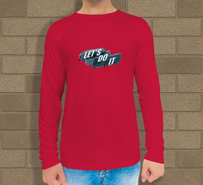 Printed Long Sleeves Crew Neck Cotton T-Shirt in Red Color